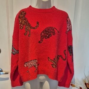 Vibrant Lipstick Pink Sweater with  Sequin Tigers By blueb. Size M